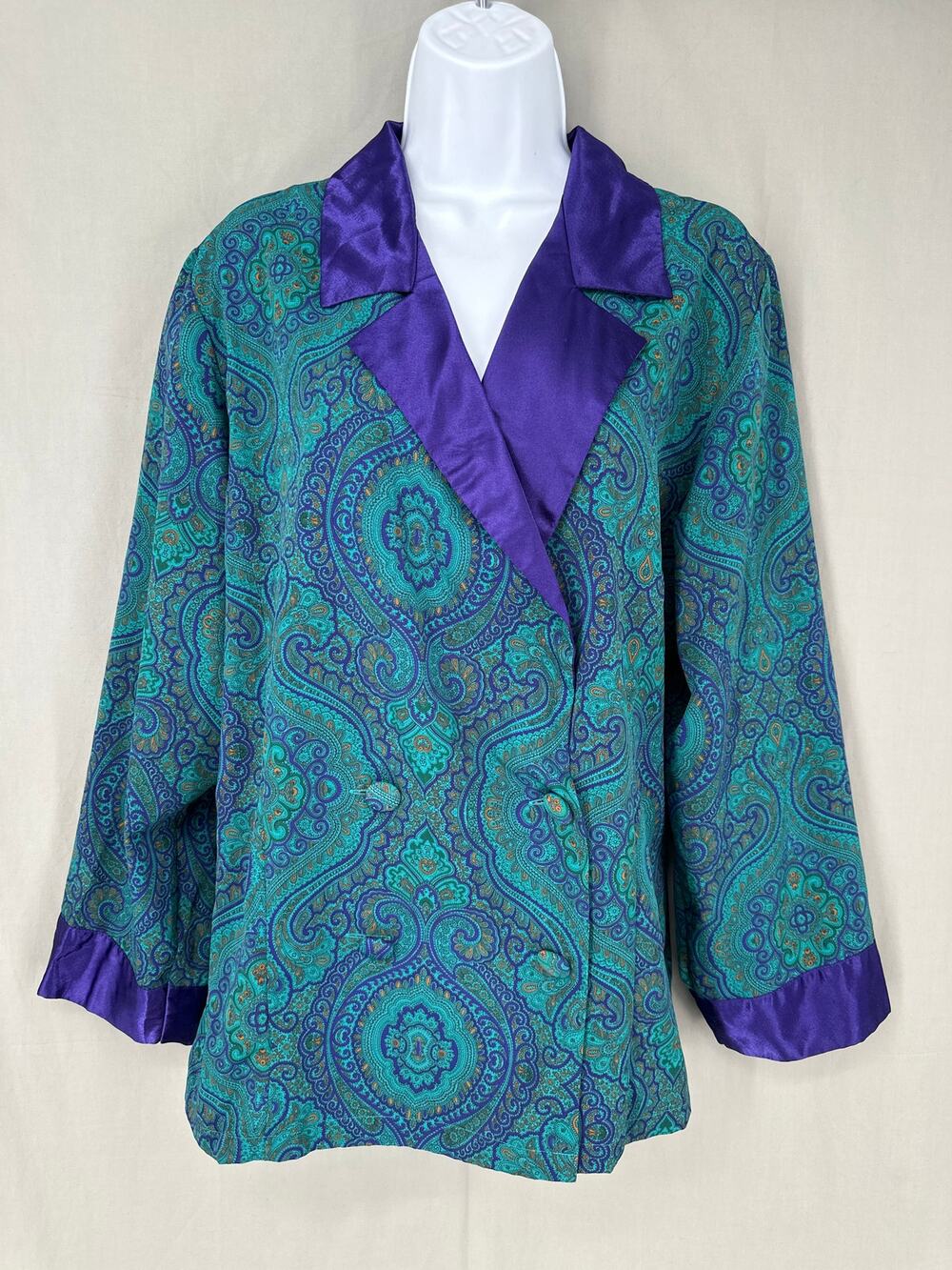 Vintage Victorias Secret Top Womens Medium Green Paisley Gold Label Satin Button